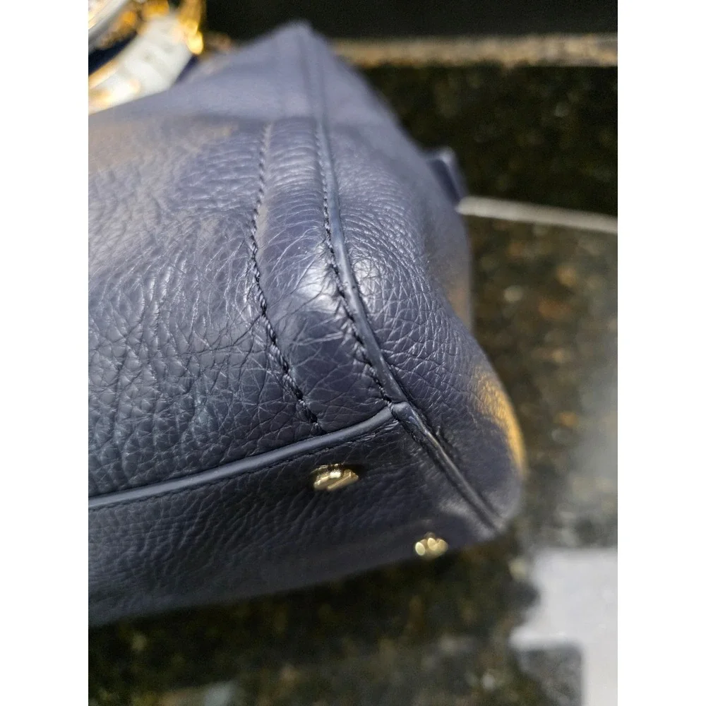 Tory Burch Link-Chain Shoulder Tote Bag Navy Blue Pebbled Leather Gold Large